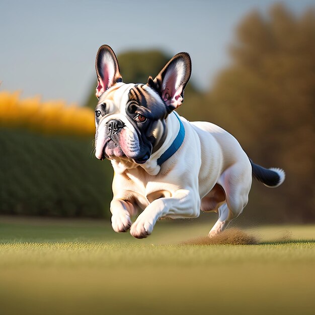 Un bulldog français qui court sur la pelouse.