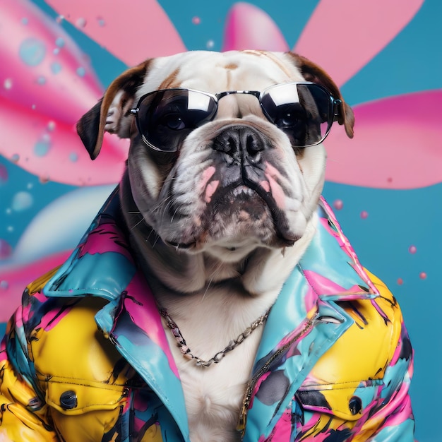 bulldog avec des lunettes de soleil fraîches sous la forme d'un chien gonflable sur un fond rose