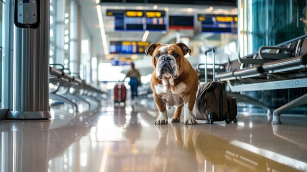 Un bulldog de race pure se tient avec une valise dans le vaste hall de l'aéroport.