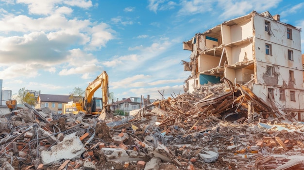 Un bulldozer creuse à travers une pile de décombres