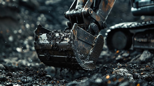 Un bulldozer est montré en action en train de creuser à travers une énorme pile de charbon avec son puissant seau.