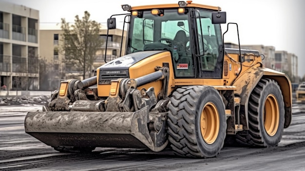 un bulldozer avec un homme en arrière-plan.