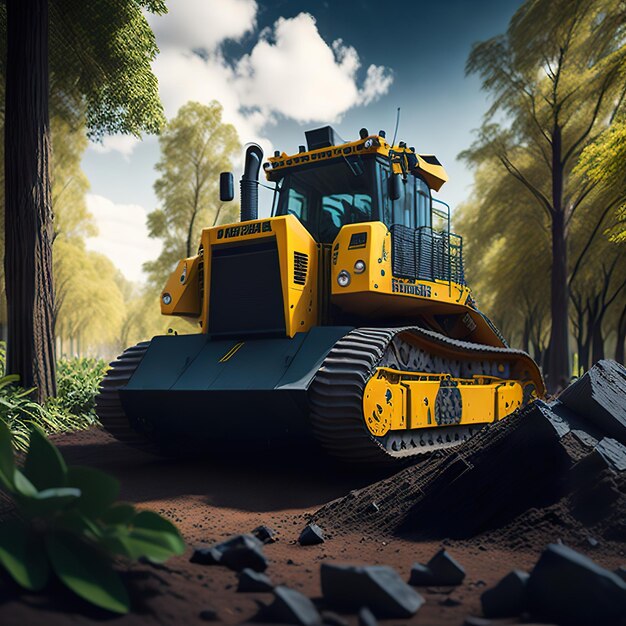 Un bulldozer jaune est dans une forêt avec des arbres et le ciel en arrière-plan.