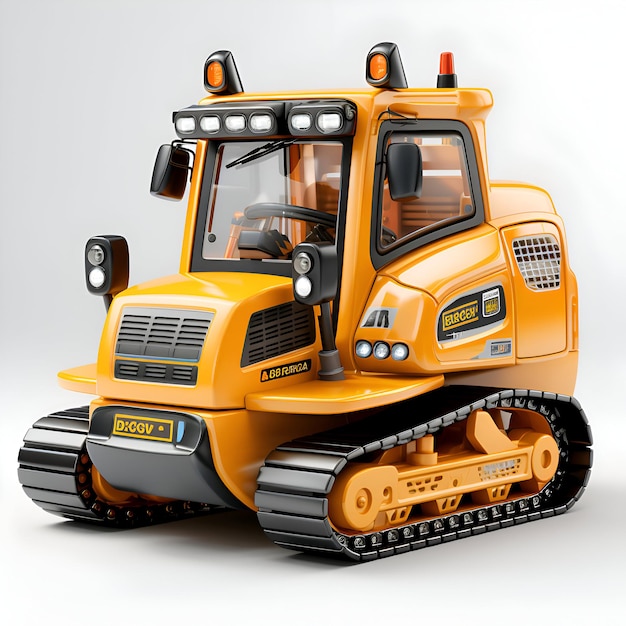 Bulldozer orange sur fond blanc rendu 3d vue de face