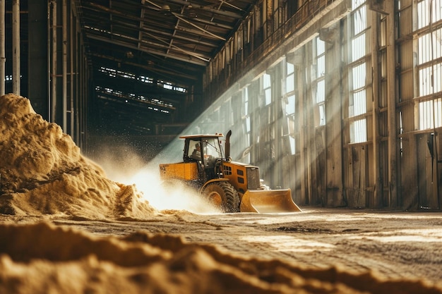 Un bulldozer pousse une pile de riz paddy séché à l'intérieur d'un énorme entrepôt de stockage en vrac.