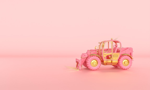 Photo bulldozer rose et or sur fond rose. rendu 3d