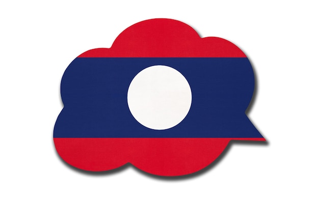 Bulle de dialogue 3D avec drapeau national laotien isolé sur fond blanc. Parler et apprendre la langue lao. Symbole du pays du Laos. Signe de communication mondiale.