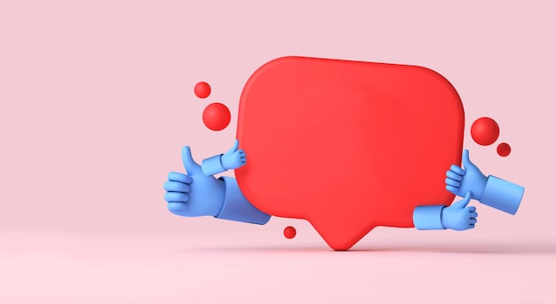 Bulle de dialogue de notification des médias sociaux avec le pouce levé les mains rendu d