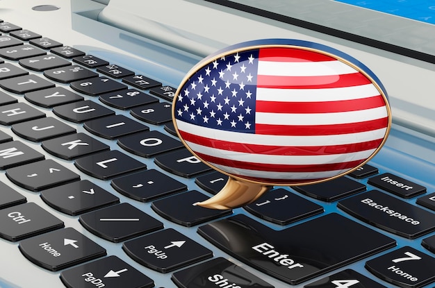 Bulle avec le drapeau des États-Unis sur le rendu 3D de l'ordinateur portable clavier