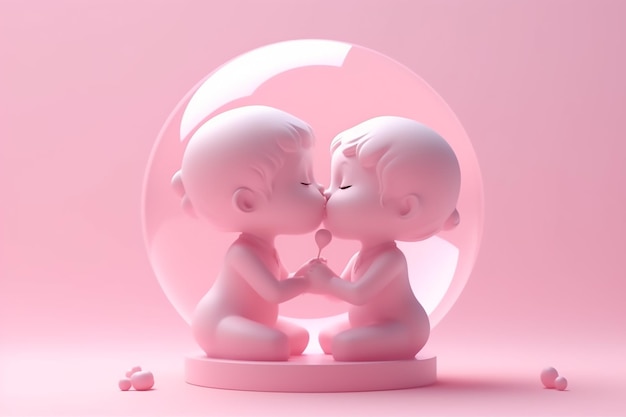 Une bulle rose avec deux figurines qui s'embrassent dessus.