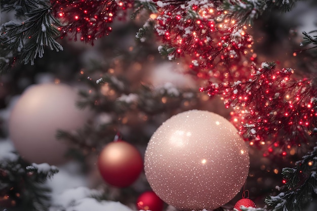 Bulles brillantes avec des branches de sapin et des paillettes AI