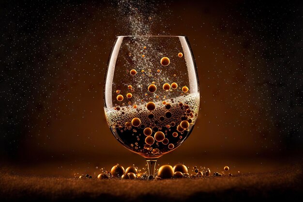 Bulles de champagne jouant dans le verre sur fond marron foncé