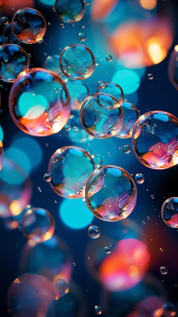 Bulles colorées flottant dans un liquide bleu