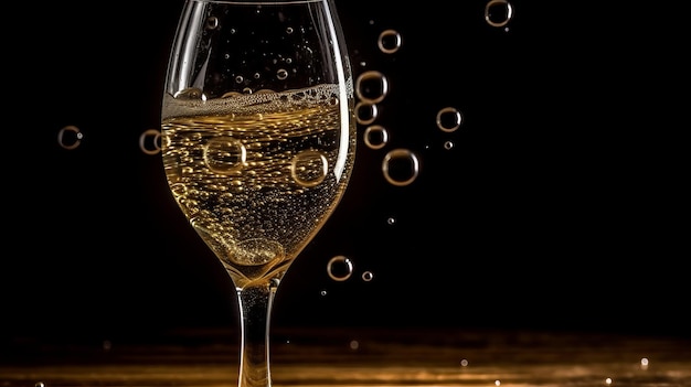 Bulles dans une coupe de champagne en gros plan générées par l'IA