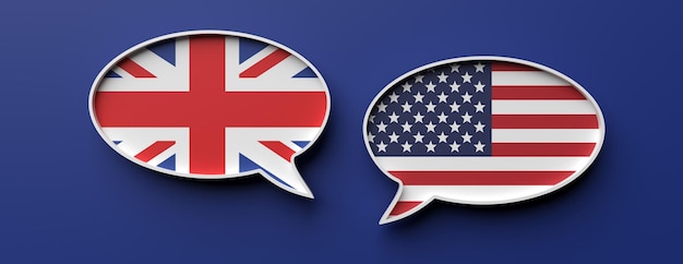 Bulles de discours de drapeau anglais et américain sur fond bleu bannière 3d illustration