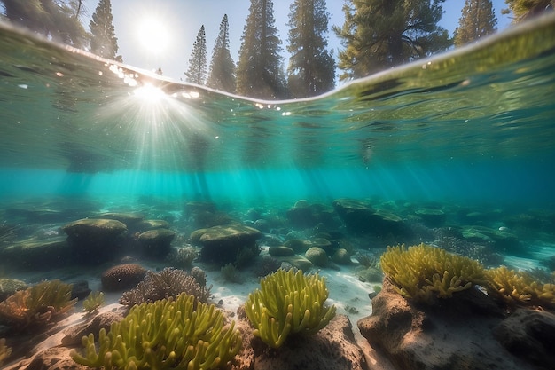 Des bulles et du bokeh sous l'eau dans l'océan vert de Californie.