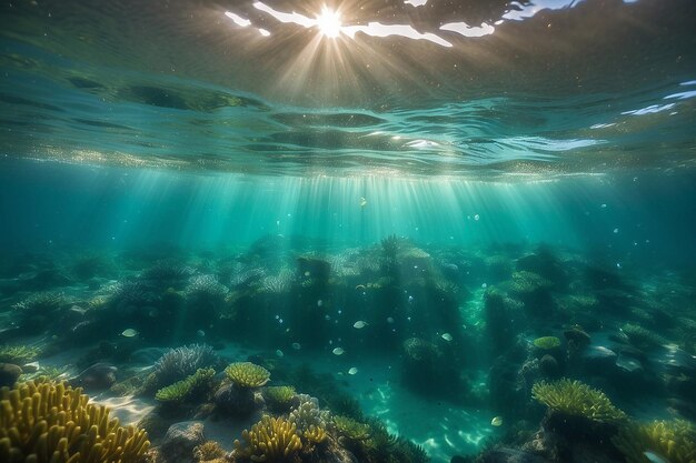 Des bulles et du bokeh sous l'eau dans l'océan vert de Californie.