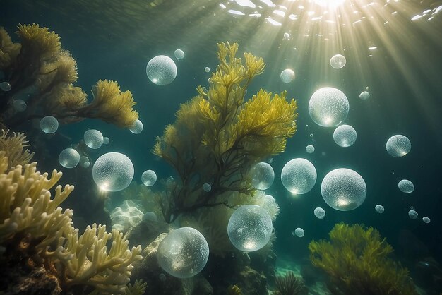 Photo des bulles et du bokeh sous l'eau dans l'océan vert de californie.