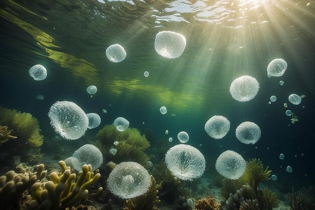 Des bulles et du bokeh sous l'eau dans l'océan vert de Californie.
