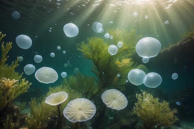 Des bulles et du bokeh sous l'eau dans l'océan vert de Californie.