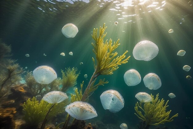 Des bulles et du bokeh sous l'eau dans l'océan vert de Californie.