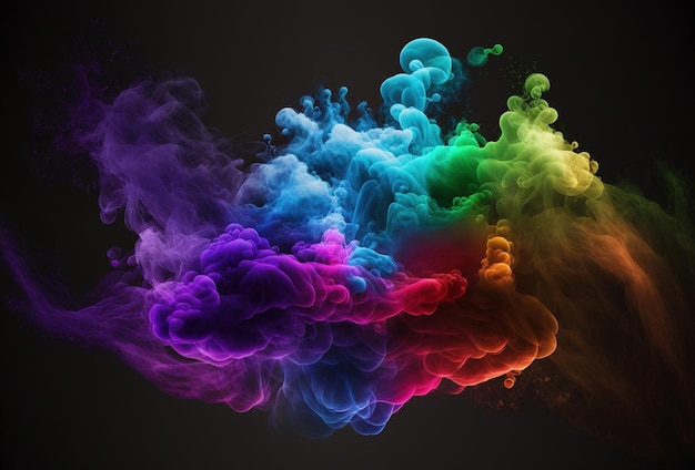 Photo des bulles d'encre de fumée au néon multicolore une explosion une explosion de peinture holi un fond noir sombre psychédélique abstrait un rendu 3d généré par l'ia