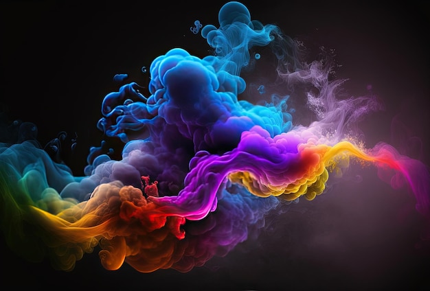 Bulles d'encre de fumée néon multicolore Une explosion une rafale de peinture holi Résumé fond noir psychédélique noir rendu 3D généré par l'IA