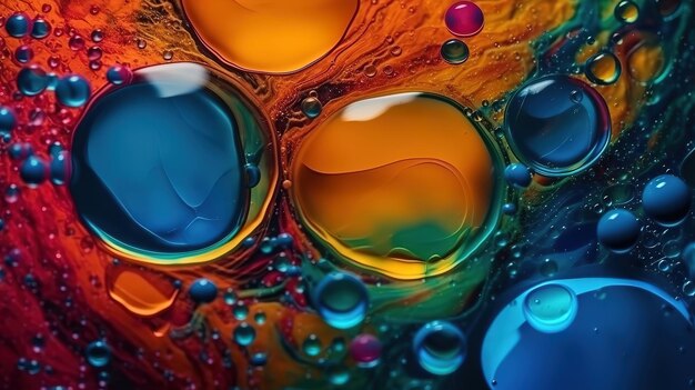 Bulles d'huile dans un liquide coloré et éclairage en macrophotographie Generative Ai