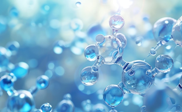 Bulles de liquide transparentes de lumière bleue indiquant une molécule de sérum ou de gel