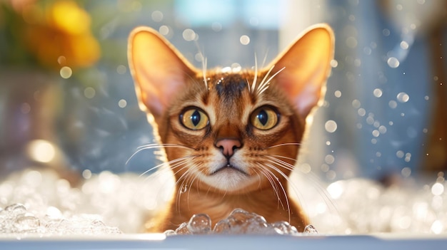 Des bulles de mousse volent autour d'un joli chat abyssin de couleur sauvage Shampooing Chat abyssin drôle dans un salon de toilettage Concept d'hygiène et de soins des animaux Espace de copie Bannière AI générative