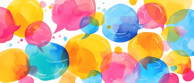 Des bulles de parole colorées à l'aquarelle au néon brillant sur fond blanc Concept de communication