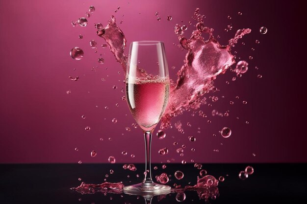 Des bulles roses s'élèvent dans un verre de champagne.