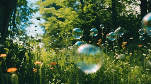 bulles de savon dans un parc d'été au soleil