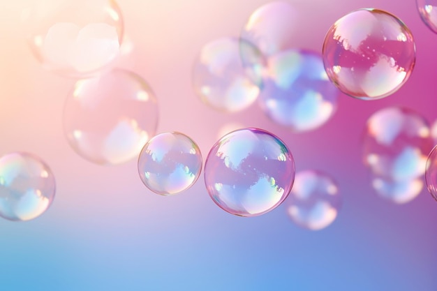 Des bulles de savon flottant dans l'air sur un fond de gradient pastel, des bulles irisantes, des rêves, du plaisir et du concept de joie, du papier peint abstrait pour ordinateur de bureau, du nettoyage et du lavage.