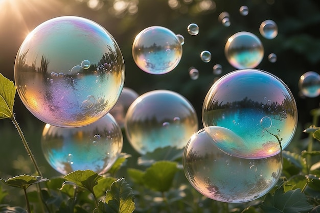 Des bulles de savon flottent dans l'air au coucher du soleil d'été