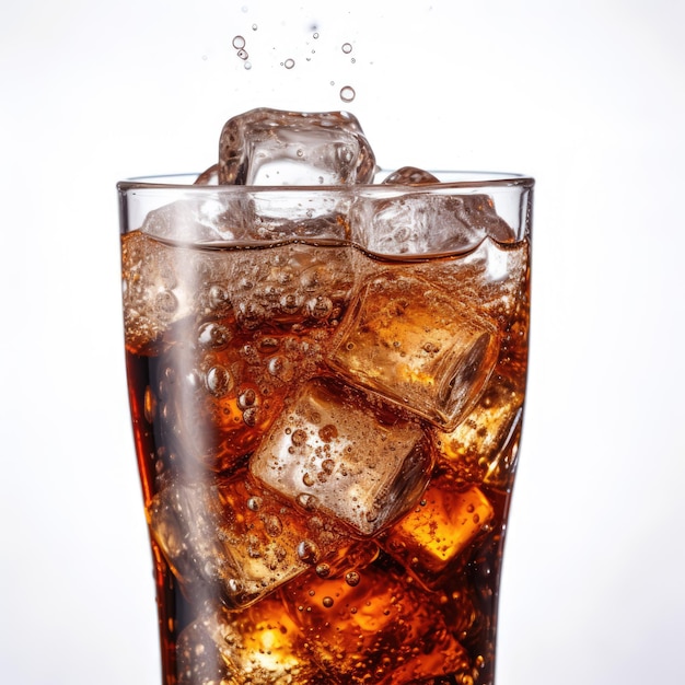 Des bulles de soda dans un cola avec de la glace dans la fraîcheur du verre isolée sur un fond blanc