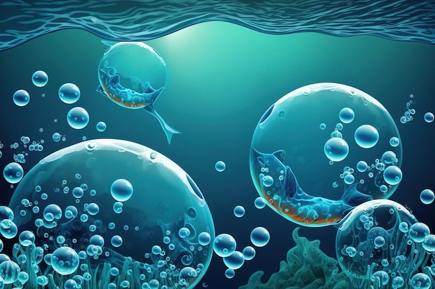 Des bulles sous-marines s'élevant des profondeurs de la mer bleue sont représentées dans l'image