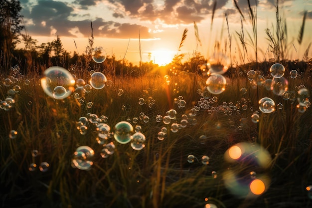 Bulles sur le terrain herbeux au coucher du soleil Generative AI