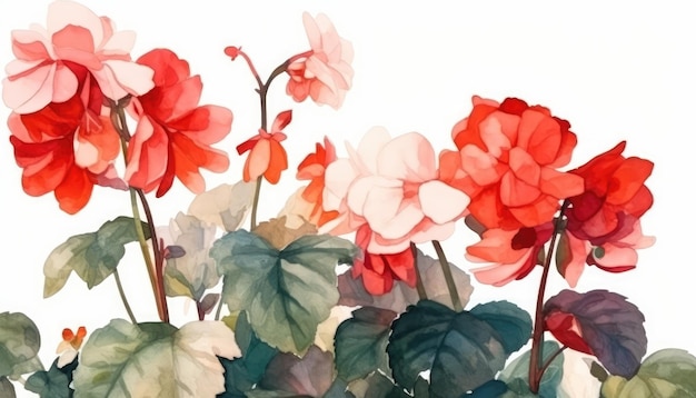 Bundle de bégonia rouge vif sur fond blanc dans un style aquarelle moderne pour les invitations et les affiches Generative AI