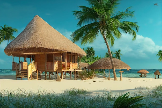 Bungalow sur une île tropicale avec une terrasse de palmiers et une illustration 3d de plage de sable doré