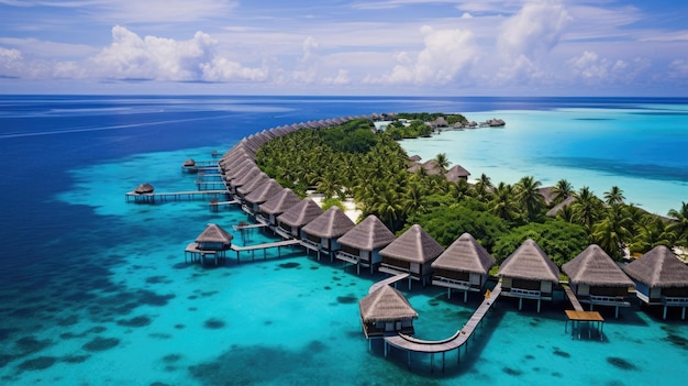 Bungalows sur pilotis aux Maldives et eaux bleues