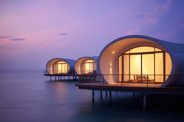 Photo bungalows avec vue sur la mer au coucher du soleil sur la plage