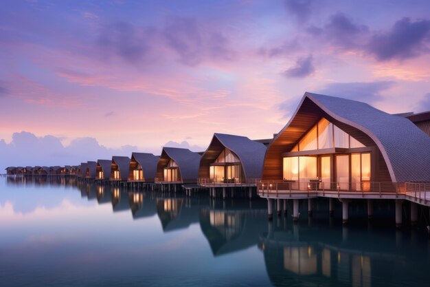 Bungalows avec vue sur la mer au coucher du soleil sur la plage