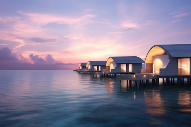 Bungalows avec vue sur la mer au coucher du soleil sur la plage