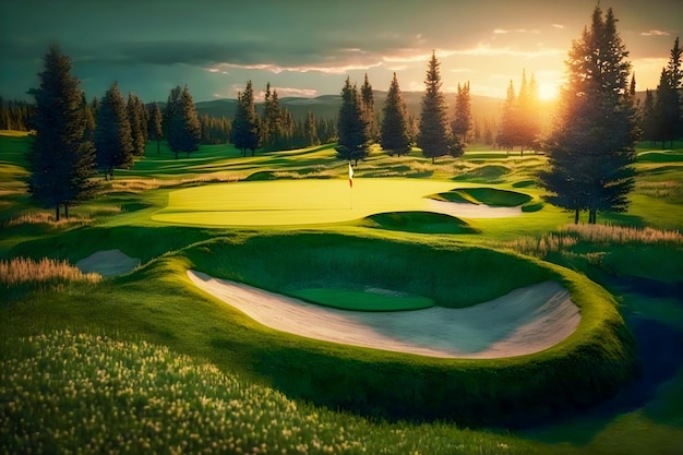 Bunkers de sable sur le magnifique parcours de golf avec vue sur les montagnes au coucher du soleil