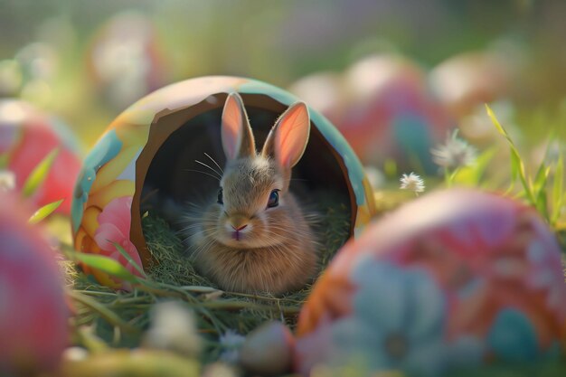 Photo le bunny de pâques et ses œufs colorés