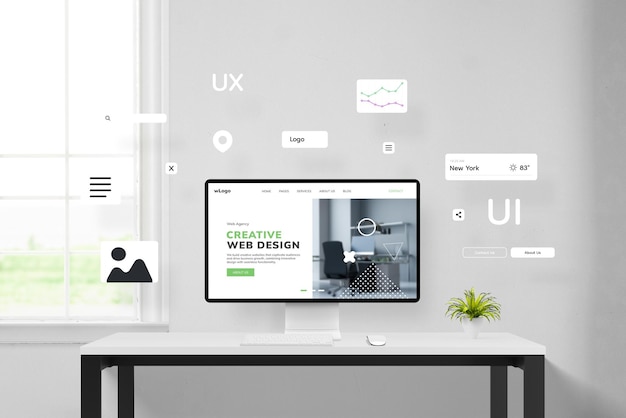 Bureau affichant la création d'une page web avec des éléments volant autour d'une pages web conceptuelle sur un écran d'ordinateur Illustrant l'arrangement et le processus de conception du site web