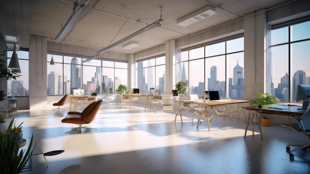 Bureau à aire ouverte de style Hitech dans un immeuble urbain moderne grandes tables avec chaises ordinateurs de bureau
