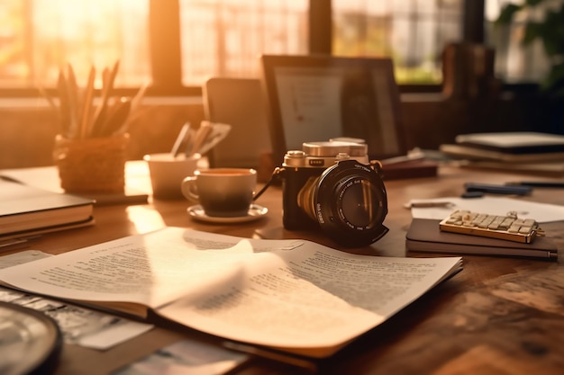 Bureau avec un appareil photo et un livre