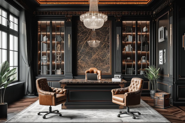 Bureau Art déco avec un bureau en marbre et des chaises en cuir